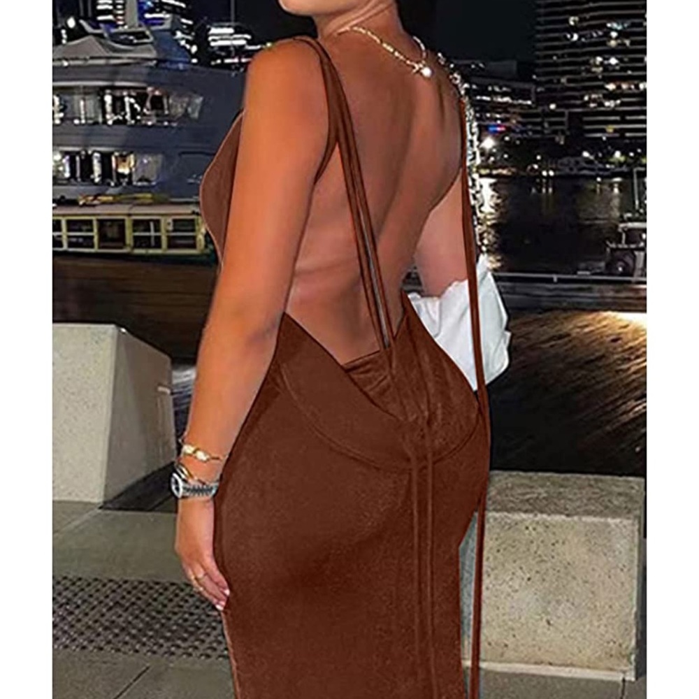Brown Spaghetti Backless Dress